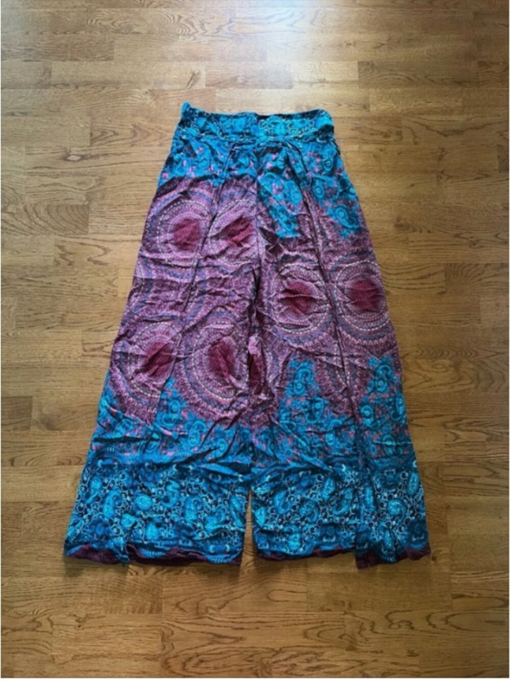 Boho Wide Split Leg Smocked Palazzo Pants Paisley Batik Print Blue Burgundy